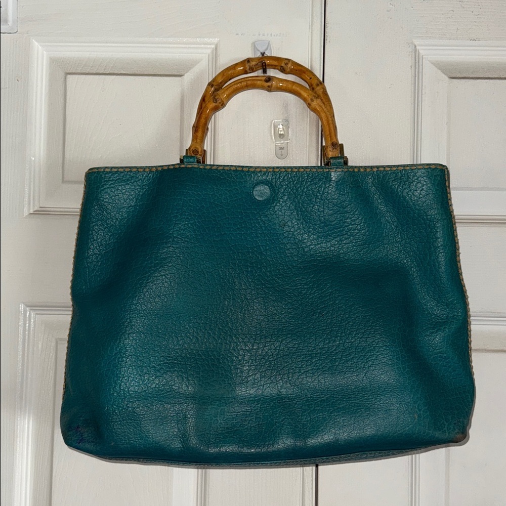 Plinio Visona Made In Italy Teal Pebbled Leather Tote With Bamboo Handles - Picture 2 of 8